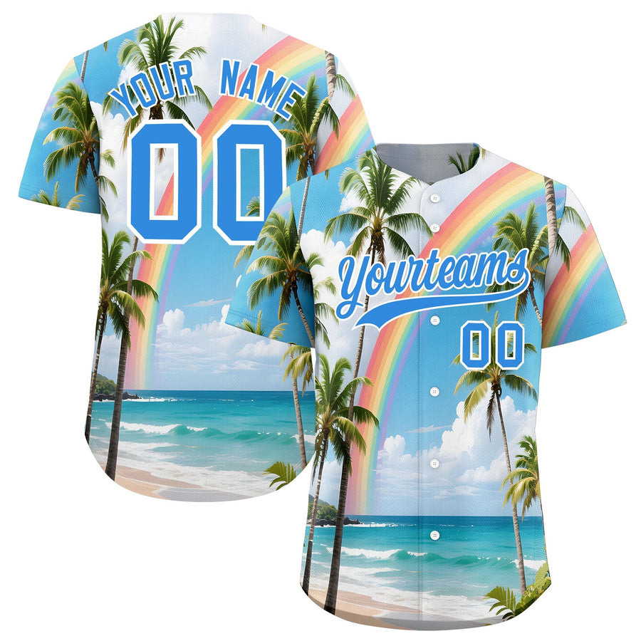 Custom Light Blue White Palm Tree Pattern Graffiti Hawaiian Style Baseball Jersey | BuyFootballJersey