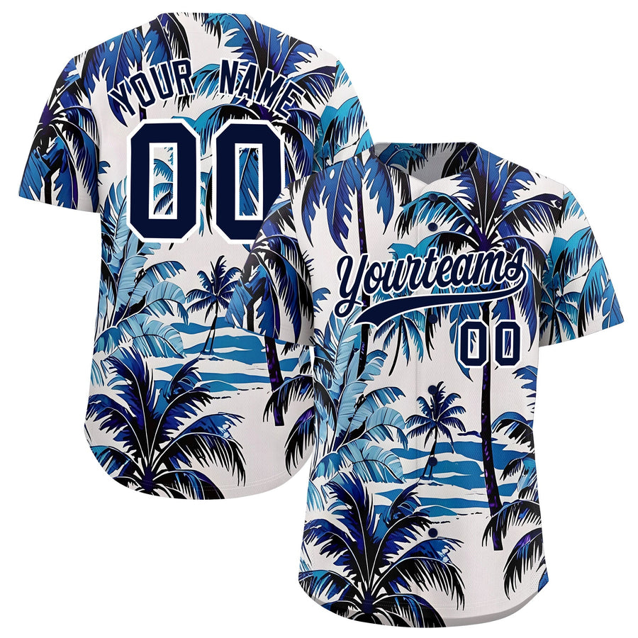 Custom Navy White Palm Tree Pattern Graffiti Hawaiian Style Baseball Jersey | BuyFootballJersey