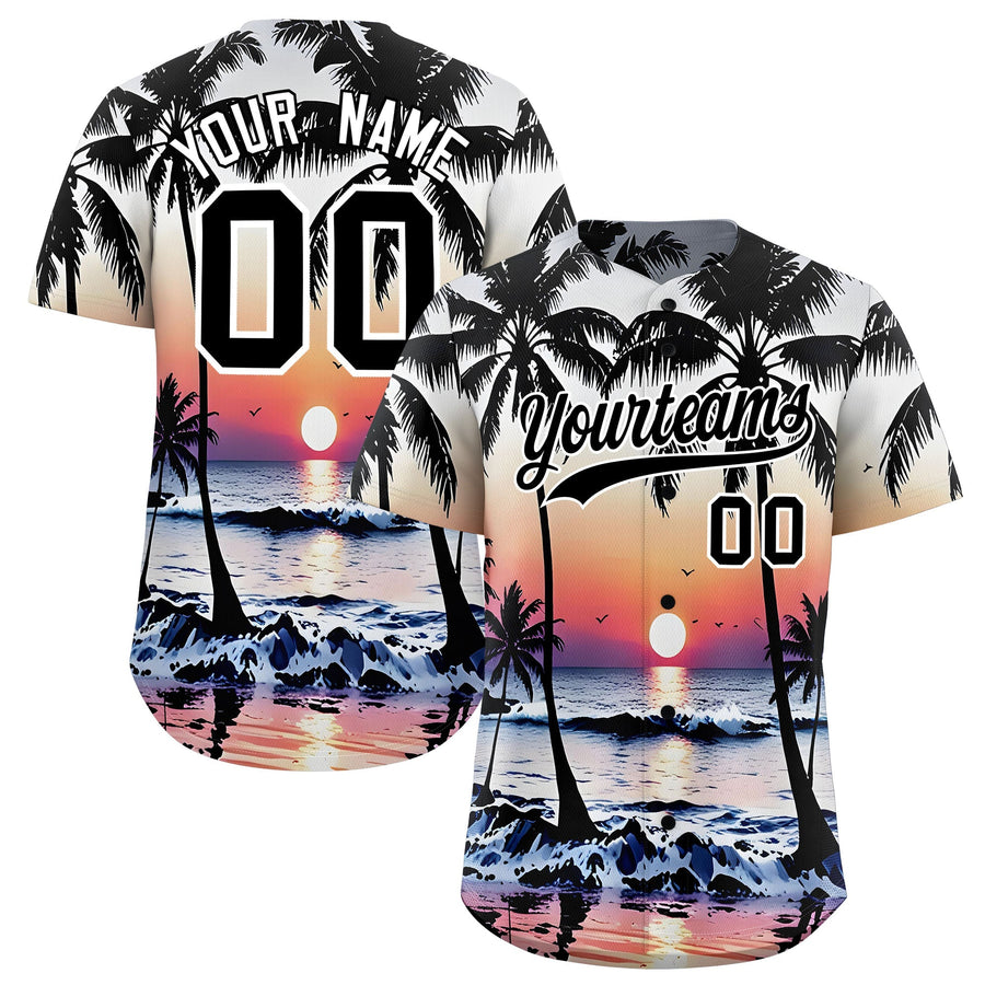 Custom Black White Sunset Palm Tree Pattern Graffiti Hawaiian Style Baseball Jersey | BuyFootballJersey