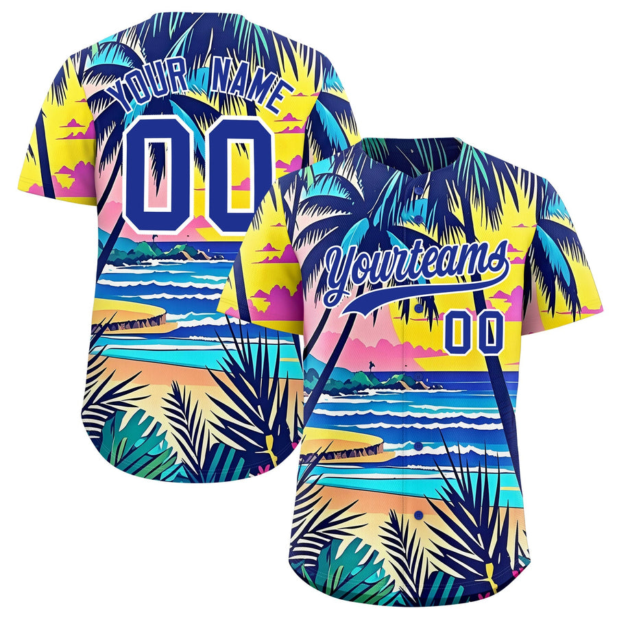 Custom Royal Blue White Palm Tree Pattern Graffiti Hawaiian Style Baseball Jersey | BuyFootballJersey