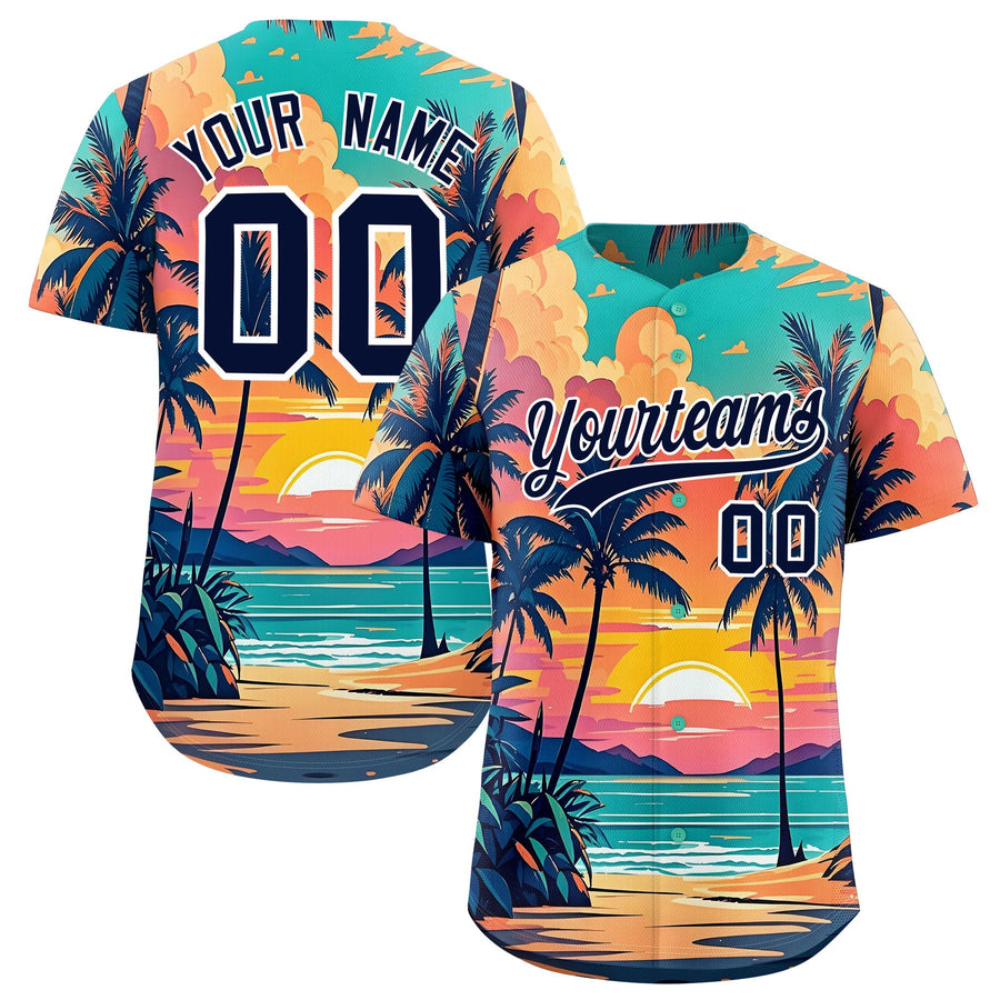 Custom Navy White Sunset Palm Tree Pattern Graffiti Hawaiian Style Baseball Jersey | BuyFootballJersey