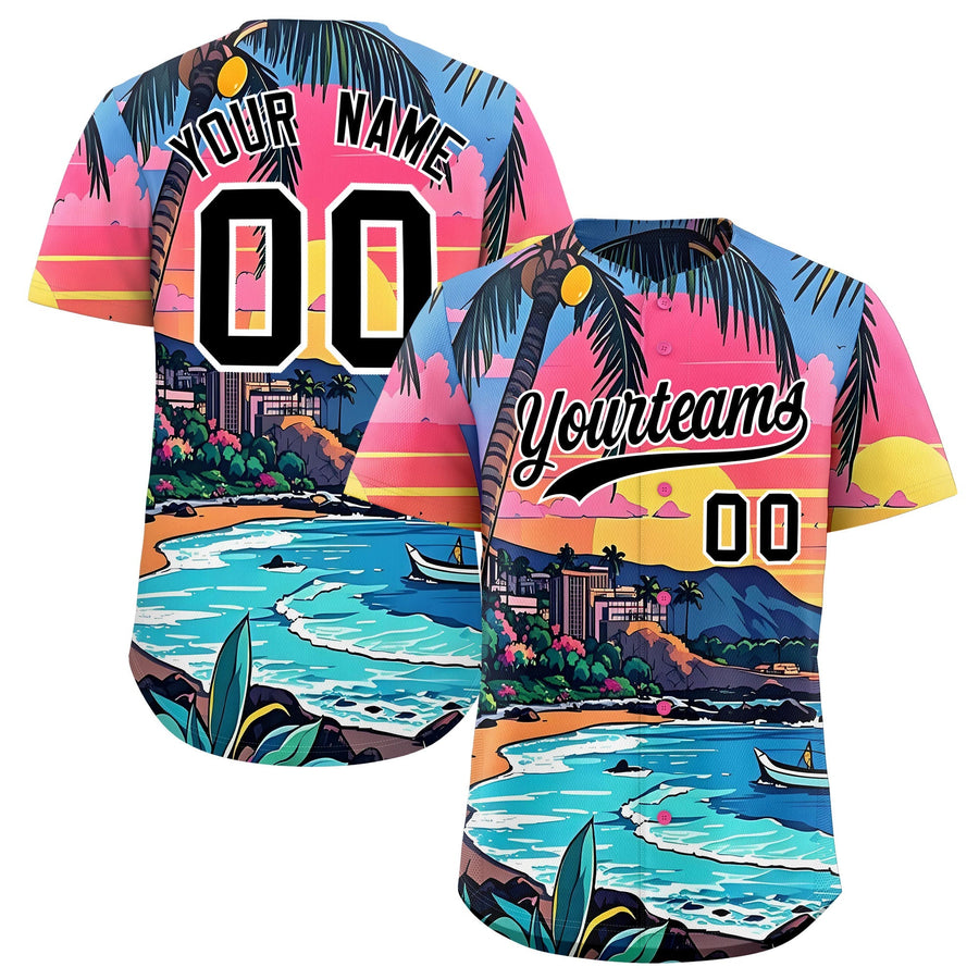 Custom Black White Seaside Palm Tree Pattern Graffiti Hawaiian Style Baseball Jersey | BuyFootballJersey