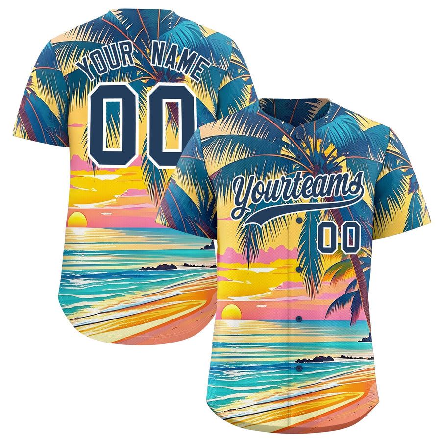 Custom Midnight Blue White Palm Tree Pattern Graffiti Hawaiian Style Baseball Jersey | BuyFootballJersey