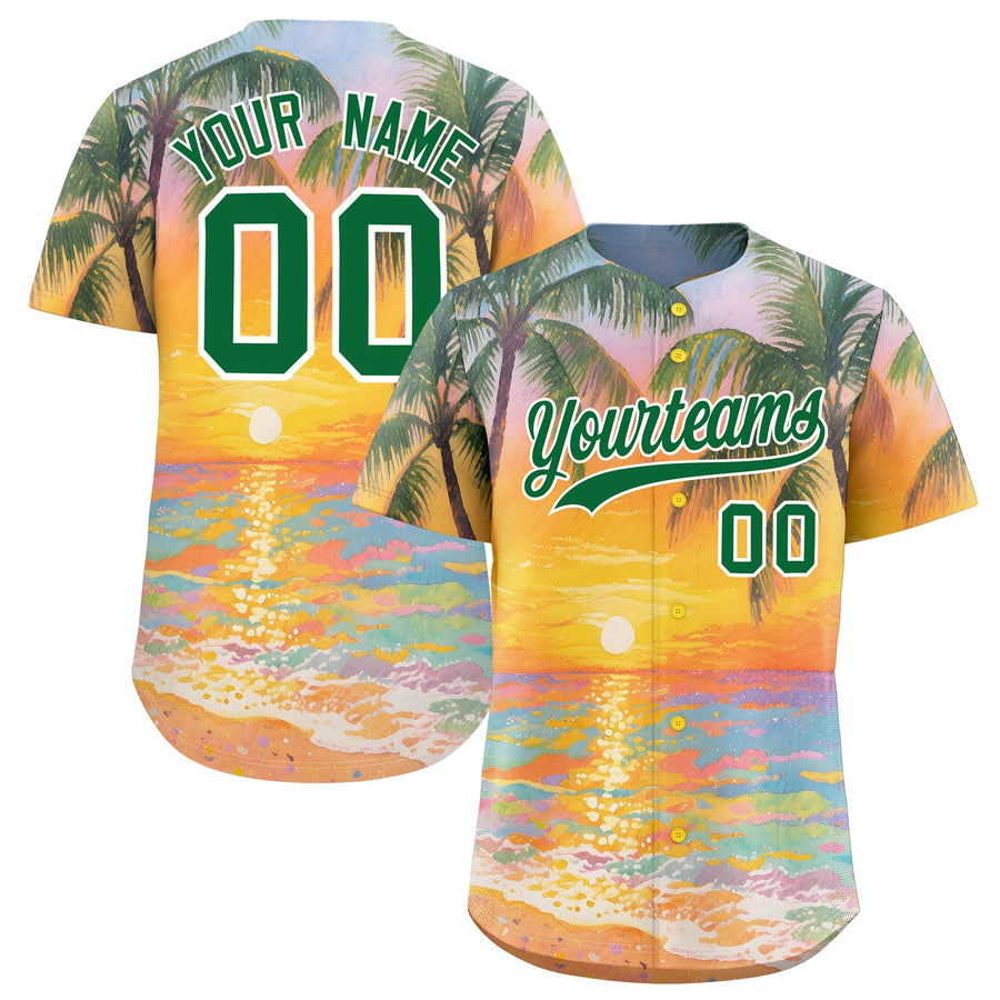 Custom Kelly Green White Sunset Palm Tree Pattern Graffiti Hawaiian Style Baseball Jersey | BuyFootballJersey