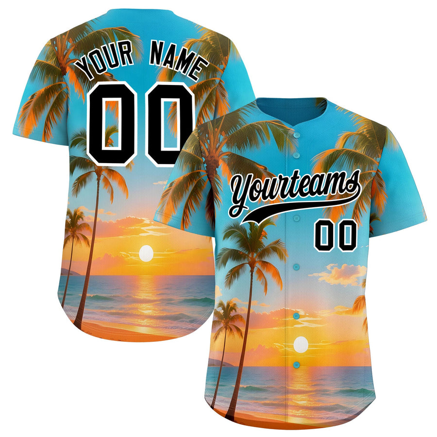 Custom White Black Sunset Palm Tree Pattern Graffiti Hawaiian Style Baseball Jersey | BuyFootballJersey