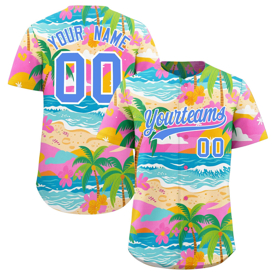 Custom Powder Blue White Palm Tree Pattern Graffiti Hawaiian Style Baseball Jersey | BuyFootballJersey