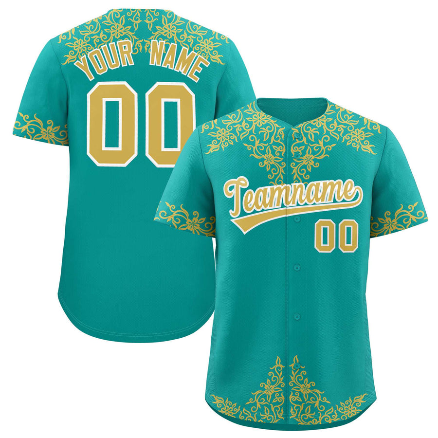 Custom Aqua Old Gold Baroque Style Personalized Baseball Jersey | BuyFootballJersey