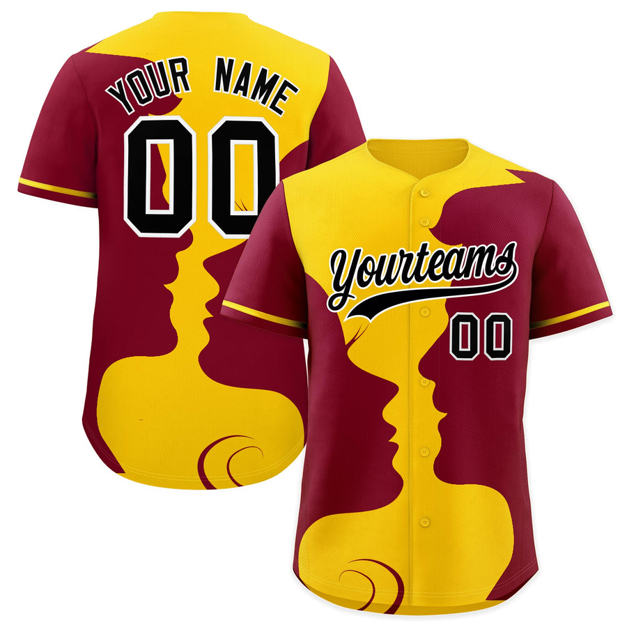 Custom Gold Crimson Silhouettes of Loving Couple Valentine's Day Baseball Jersey | BuyFootballJersey