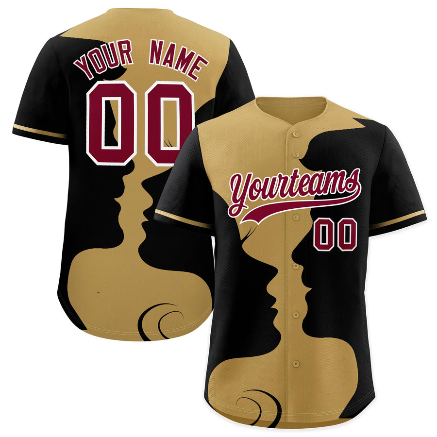 Custom Old Gold Black Silhouettes of Loving Couple Valentine's Day Baseball Jersey | BuyFootballJersey