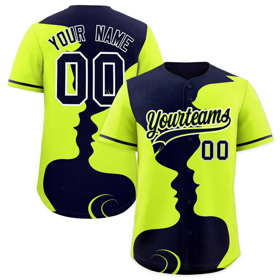 Custom Navy Neon Green Silhouettes of Loving Couple Valentine's Day Baseball Jersey | BuyFootballJersey