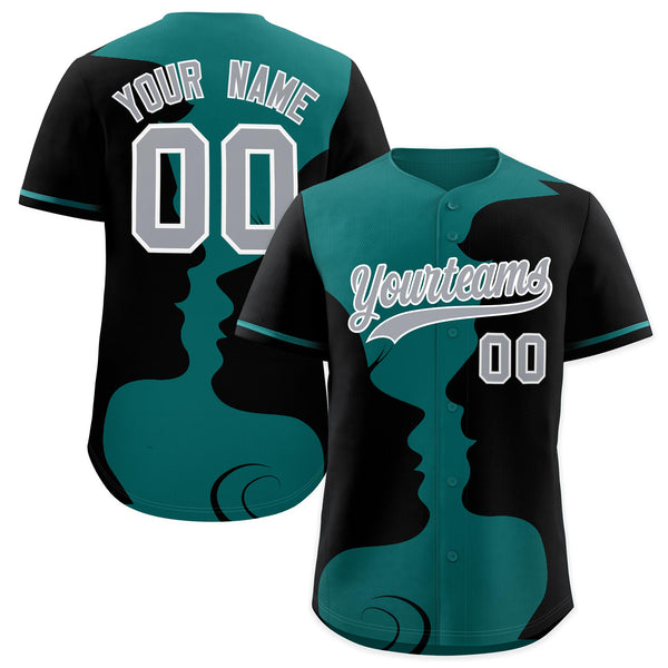 Custom Teal Black Silhouettes of Loving Couple Valentine's Day Baseball Jersey | BuyFootballJersey