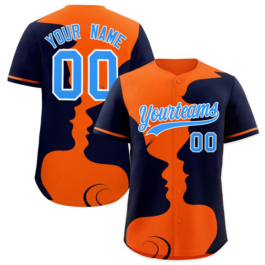 Custom Orange Navy Silhouettes of Loving Couple Valentine's Day Baseball Jersey | BuyFootballJersey