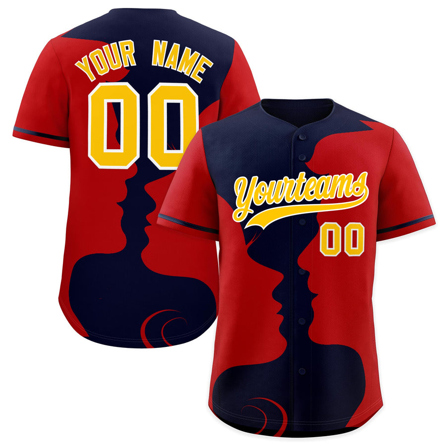Custom Navy Red Silhouettes of Loving Couple Valentine's Day Baseball Jersey | BuyFootballJersey