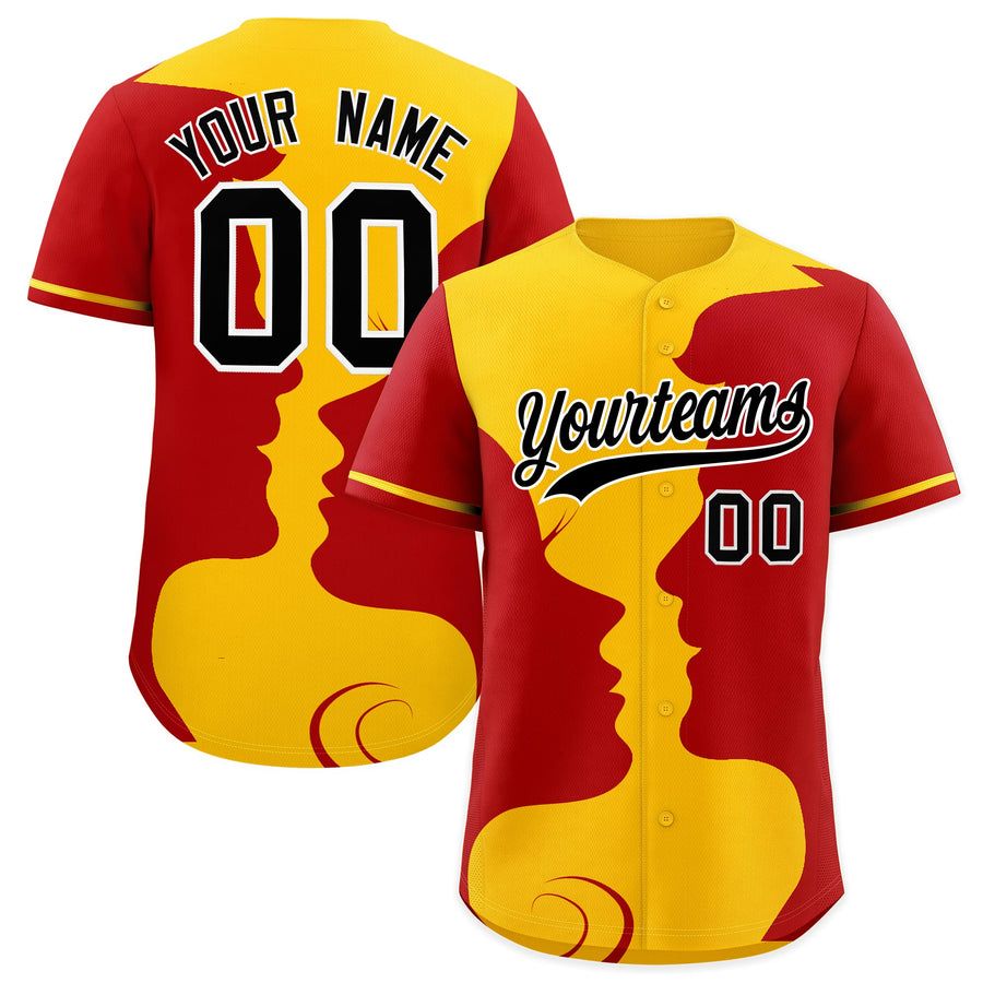 Custom Gold Red Silhouettes of Loving Couple Valentine's Day Baseball Jersey | BuyFootballJersey