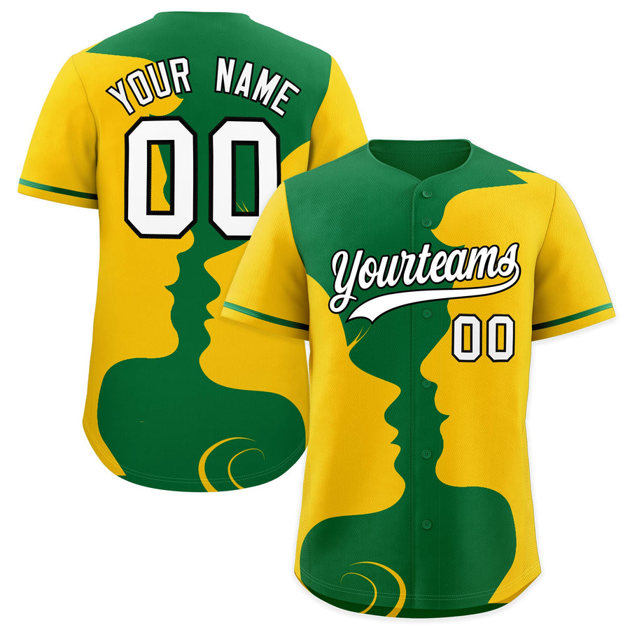 Custom Kelly Green Gold Silhouettes of Loving Couple Valentine's Day Baseball Jersey | BuyFootballJersey