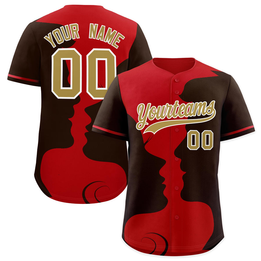 Custom Red Brown Silhouettes of Loving Couple Valentine's Day Baseball Jersey | BuyFootballJersey