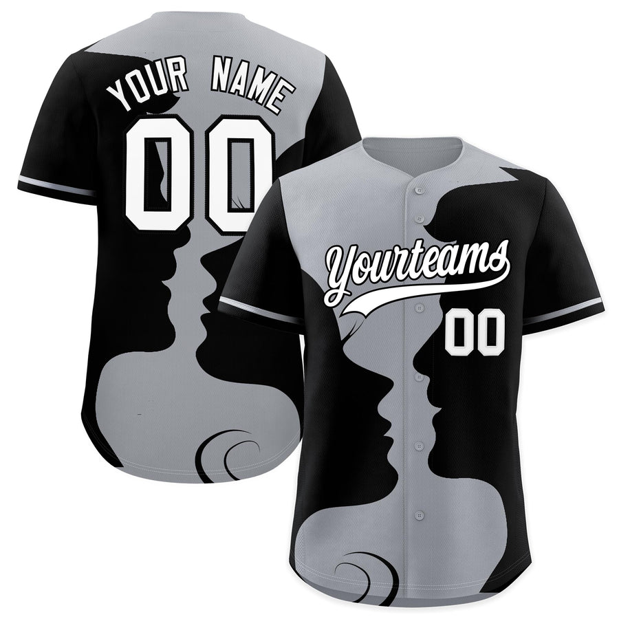 Custom Silver Gray Black Silhouettes of Loving Couple Valentine's Day Baseball Jersey | BuyFootballJersey