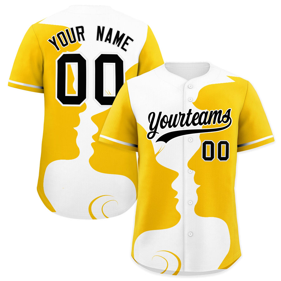 Custom White Gold Silhouettes of Loving Couple Valentine's Day Baseball Jersey | BuyFootballJersey