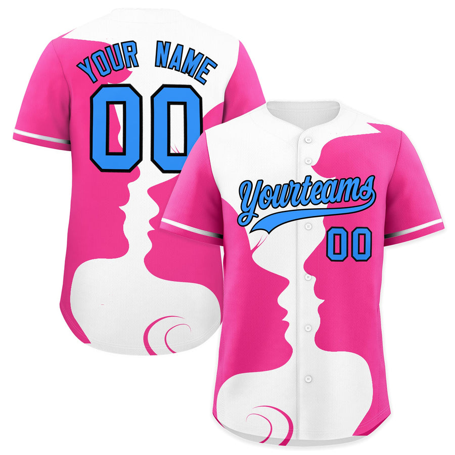 Custom White Pink Silhouettes of Loving Couple Valentine's Day Baseball Jersey | BuyFootballJersey