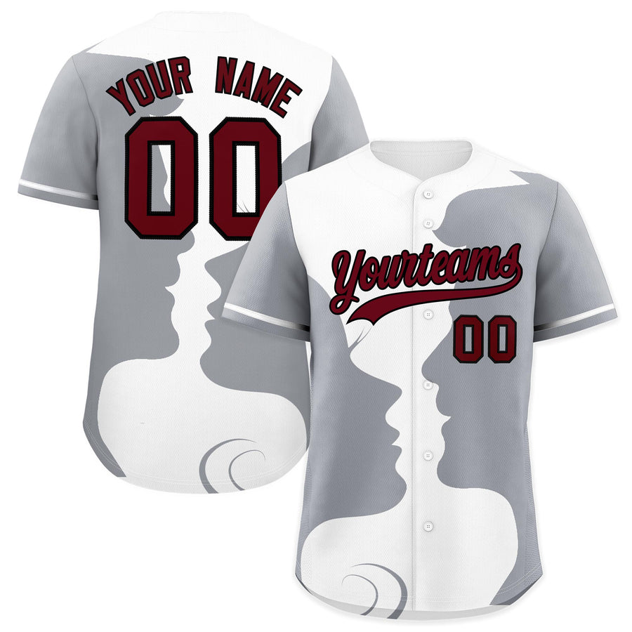 Custom Gray White Silhouettes of Loving Couple Valentine's Day Baseball Jersey | BuyFootballJersey