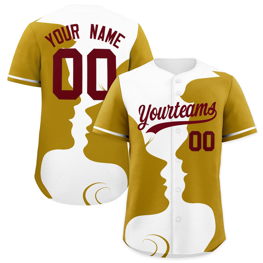 Custom White Old Gold Silhouettes of Loving Couple Valentine's Day Baseball Jersey | BuyFootballJersey
