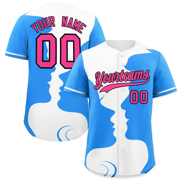 Custom White Powder Blue Silhouettes of Loving Couple Valentine's Day Baseball Jersey | BuyFootballJersey