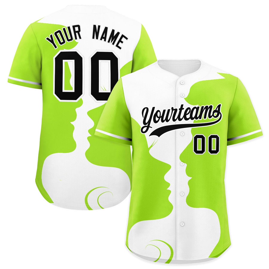 Custom White Neon Green Silhouettes of Loving Couple Valentine's Day Baseball Jersey | BuyFootballJersey