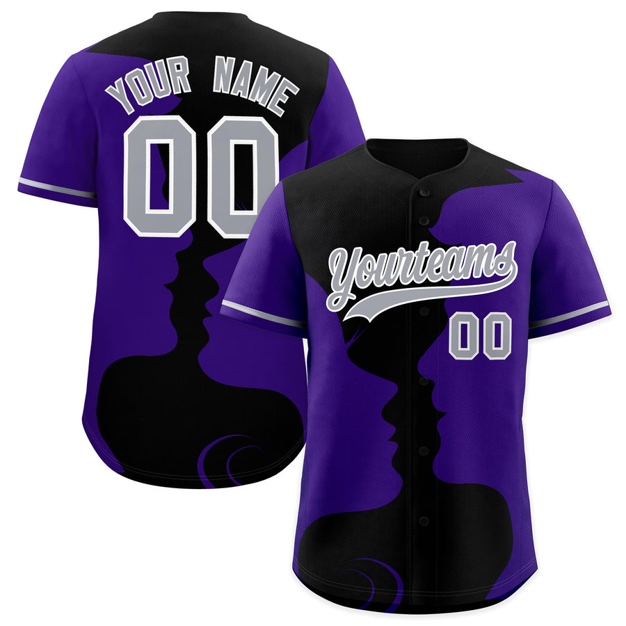 Custom Black Purple Silhouettes of Loving Couple Valentine's Day Baseball Jersey | BuyFootballJersey