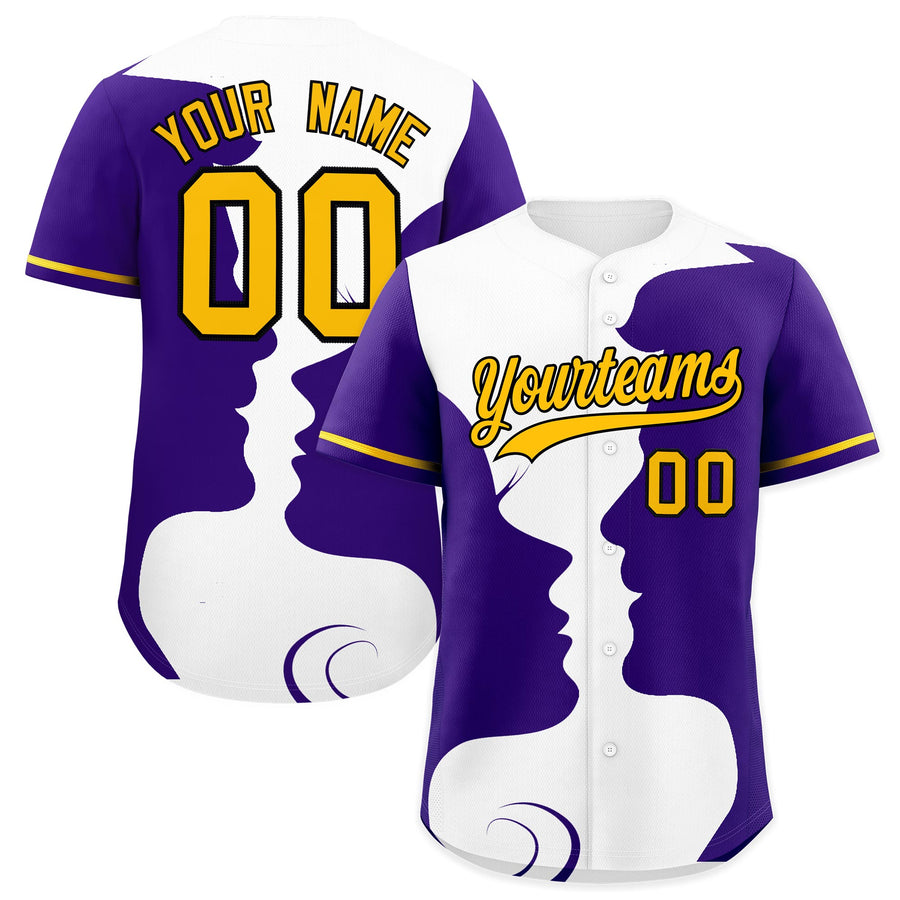 Custom Gold Purple White Silhouettes of Loving Couple Valentine's Day Baseball Jersey | BuyFootballJersey