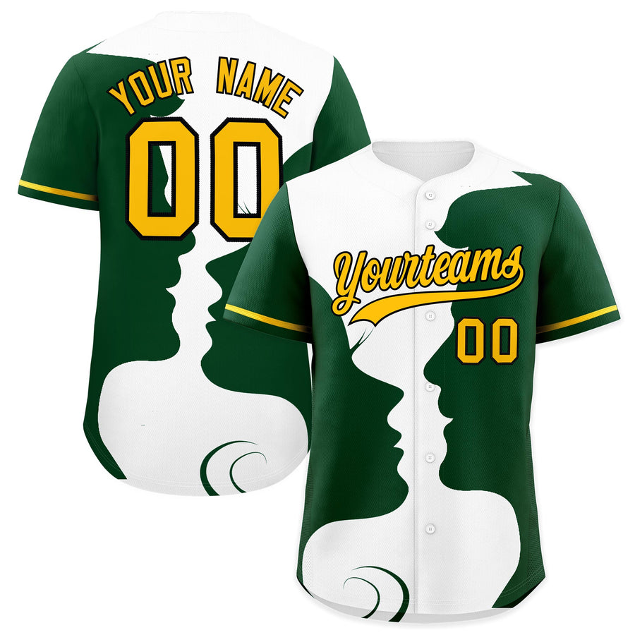 Custom Gold Green White Silhouettes of Loving Couple Valentine's Day Baseball Jersey | BuyFootballJersey