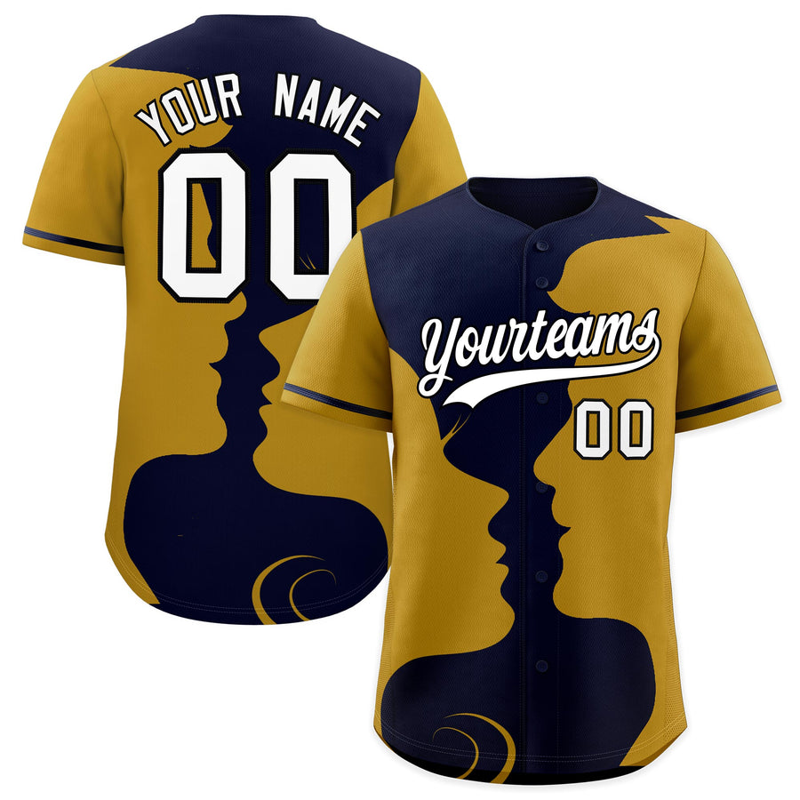 Custom Navy Old Gold Silhouettes of Loving Couple Valentine's Day Baseball Jersey | BuyFootballJersey
