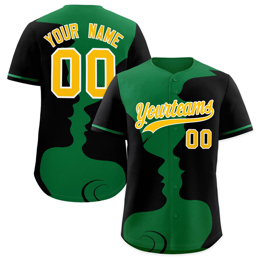 Custom Kelly Green Black Silhouettes of Loving Couple Valentine's Day Baseball Jersey | BuyFootballJersey