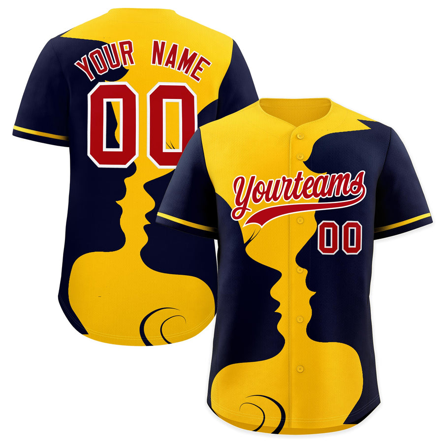 Custom Gold Navy Silhouettes of Loving Couple Valentine's Day Baseball Jersey | BuyFootballJersey