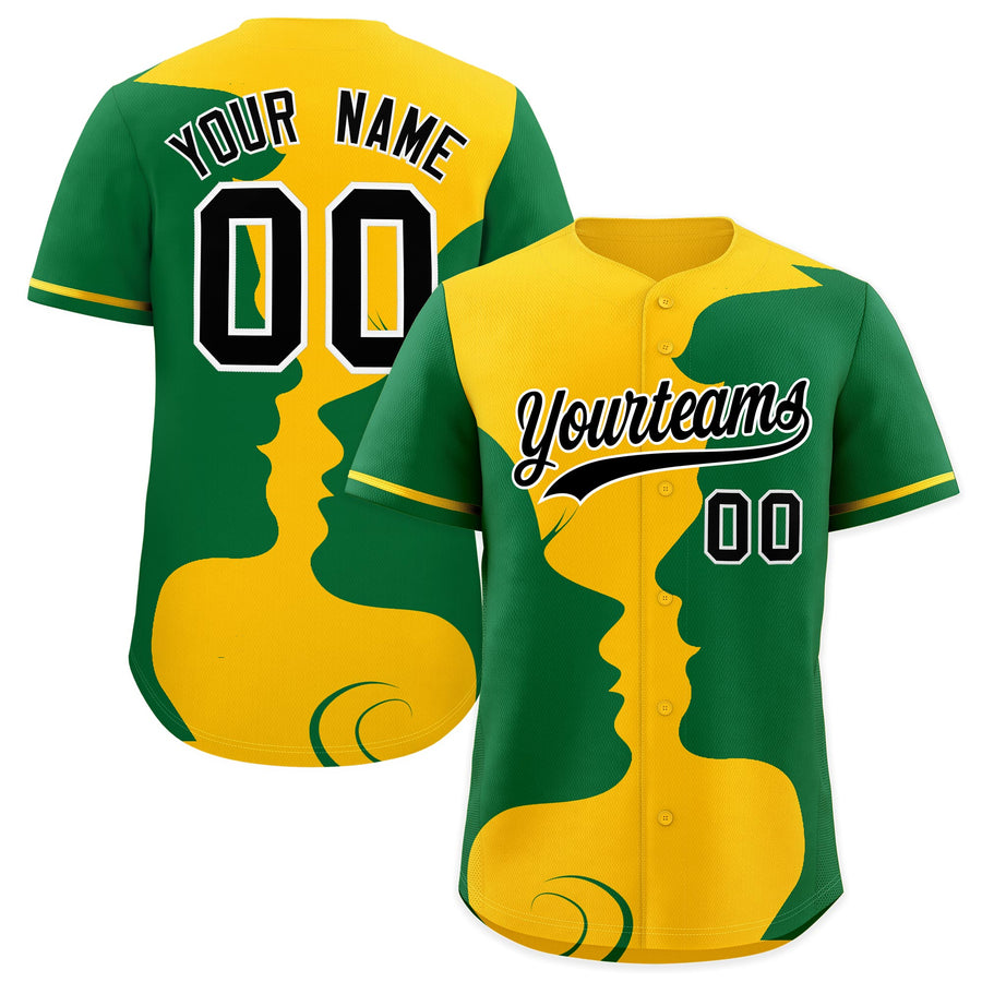 Custom Gold Kelly Green Silhouettes of Loving Couple Valentine's Day Baseball Jersey | BuyFootballJersey