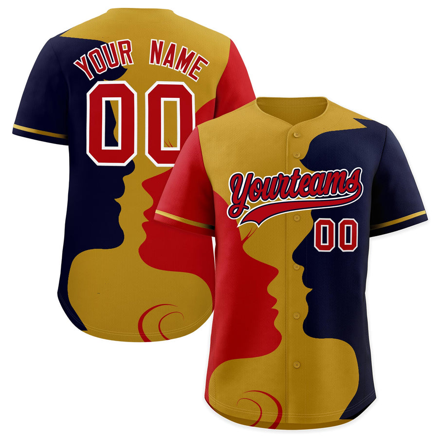 Custom Old Gold Red Navy Silhouettes of Loving Couple Valentine's Day Baseball Jersey | BuyFootballJersey