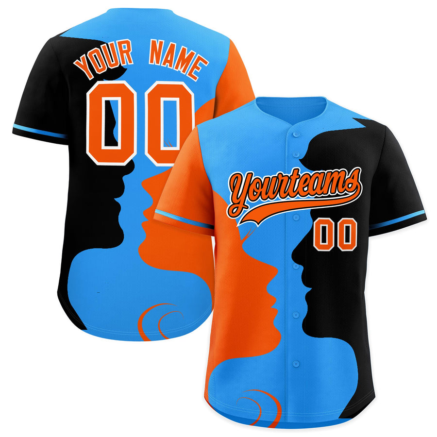 Custom Powder Blue Orange Black Silhouettes of Loving Couple Valentine's Day Baseball Jersey | BuyFootballJersey