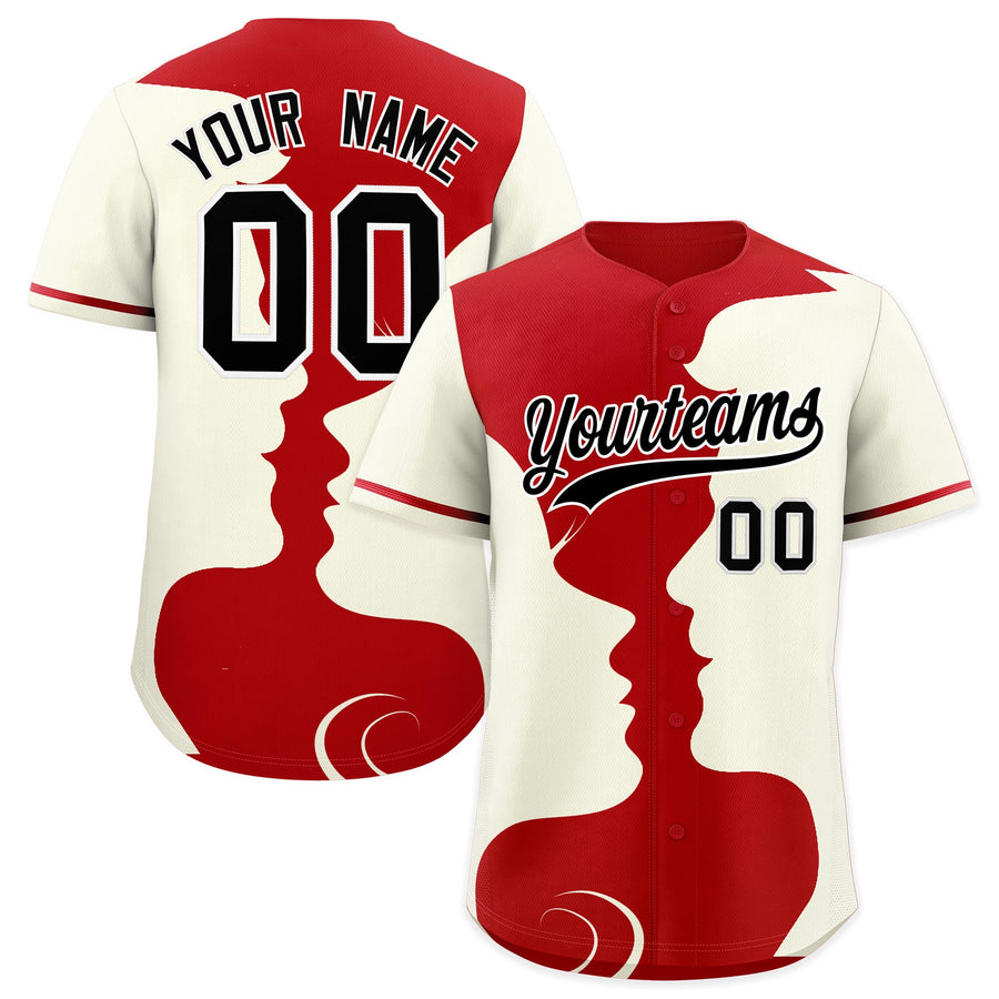 Custom Red Cream Silhouettes of Loving Couple Valentine's Day Baseball Jersey | BuyFootballJersey
