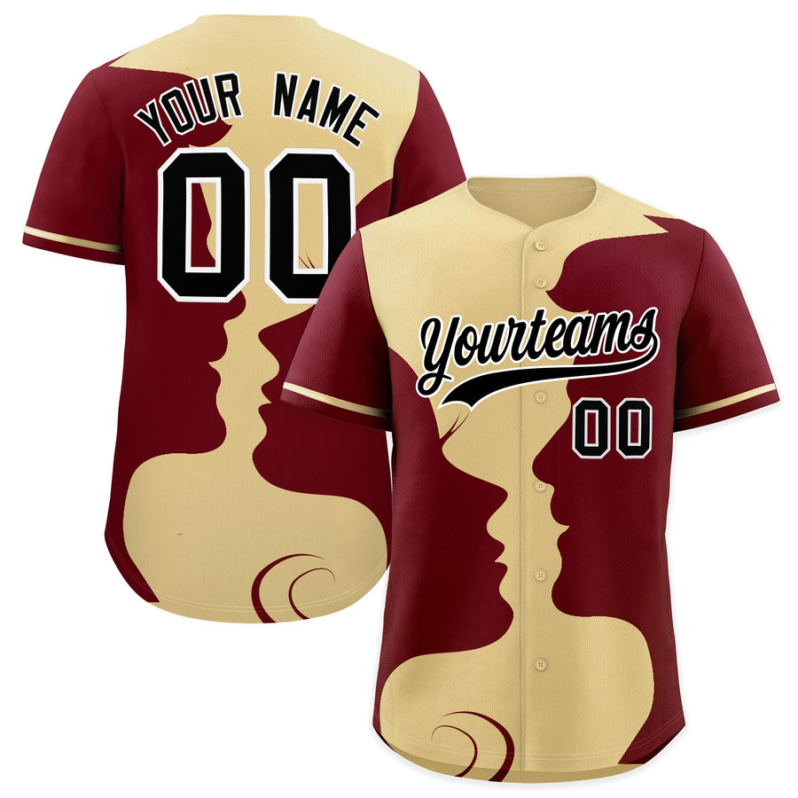 Custom Khaki Crimson Silhouettes of Loving Couple Valentine's Day Baseball Jersey | BuyFootballJersey