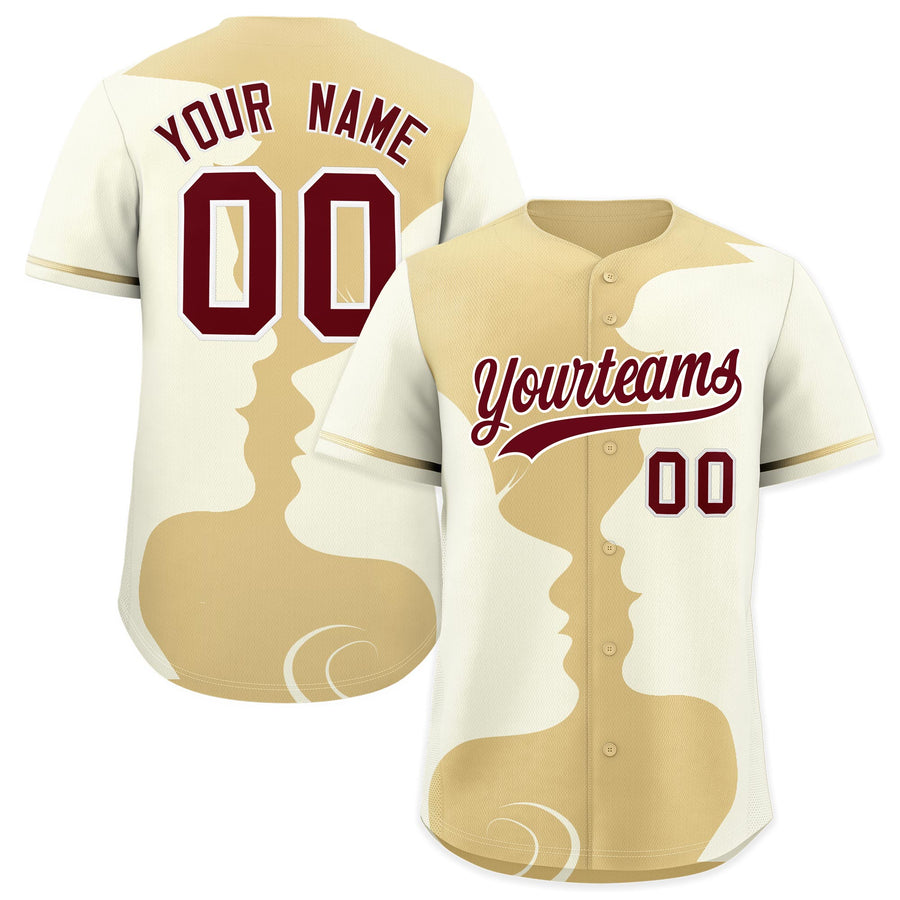 Custom Khaki Cream Silhouettes of Loving Couple Valentine's Day Baseball Jersey | BuyFootballJersey