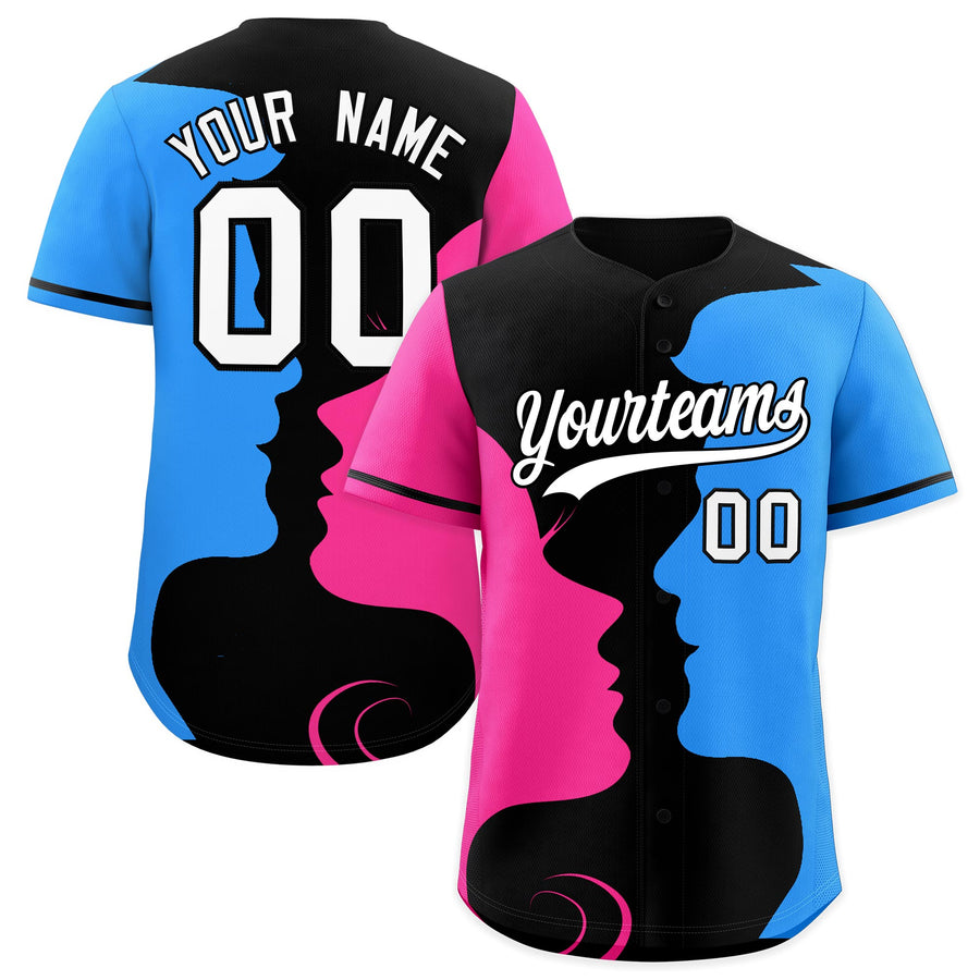 Custom Black Pink Powder Blue Silhouettes of Loving Couple Valentine's Day Baseball Jersey | BuyFootballJersey