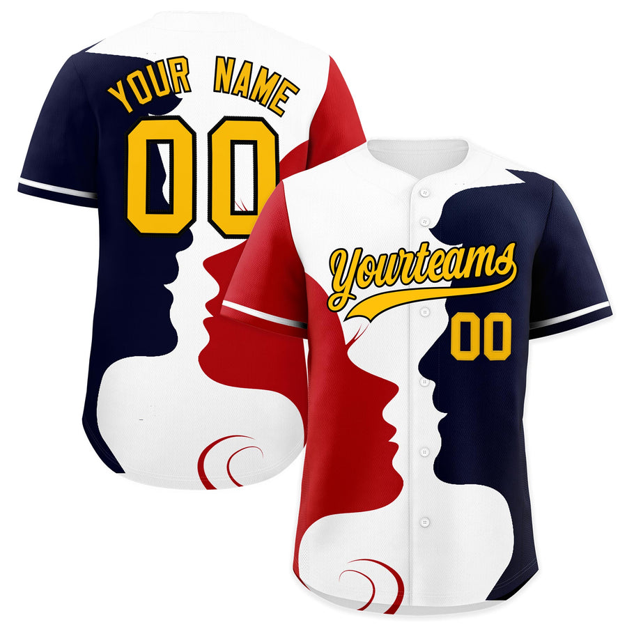 Custom White Red Navy Silhouettes of Loving Couple Valentine's Day Baseball Jersey | BuyFootballJersey
