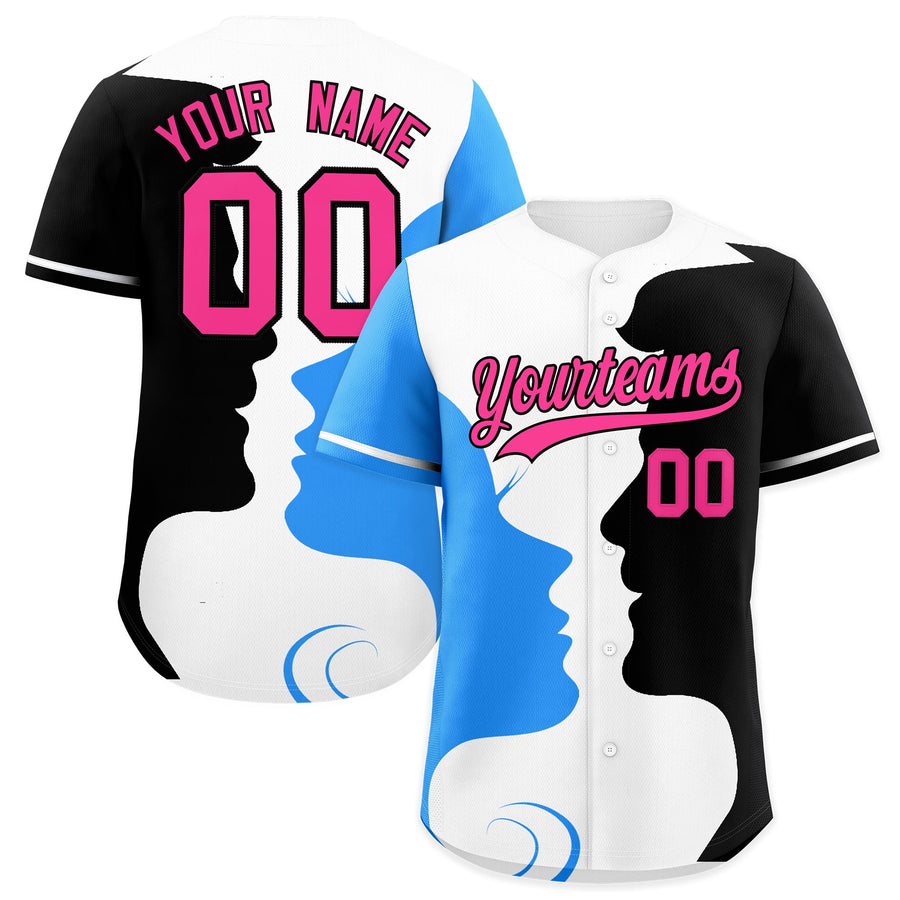 Custom White Powder Blue Navy Silhouettes of Loving Couple Valentine's Day Baseball Jersey | BuyFootballJersey