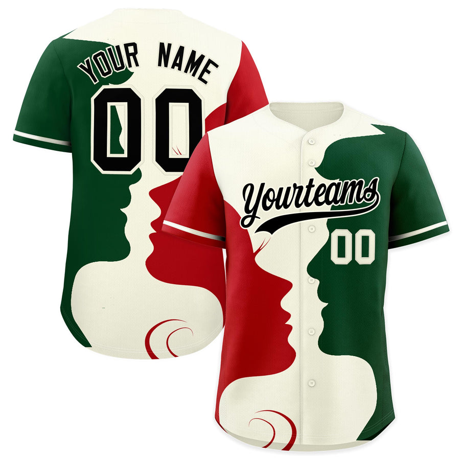 Custom Cream Red Green Silhouettes of Loving Couple Valentine's Day Baseball Jersey | BuyFootballJersey