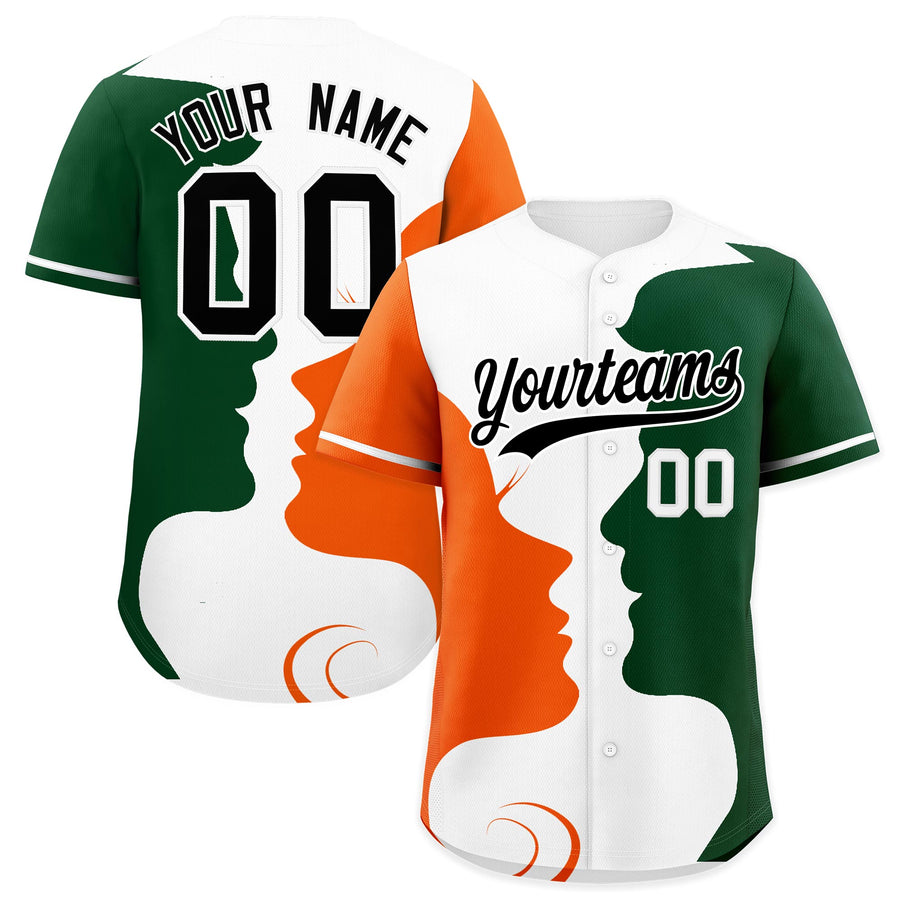 Custom White Orange Green Silhouettes of Loving Couple Valentine's Day Baseball Jersey | BuyFootballJersey