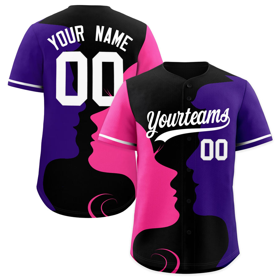 Custom White Pink Purple Silhouettes of Loving Couple Valentine's Day Baseball Jersey | BuyFootballJersey