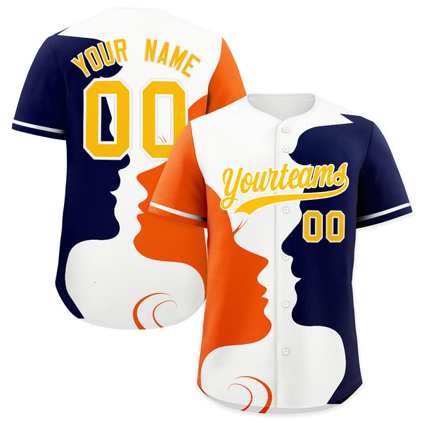 Custom White Orange Navy Silhouettes of Loving Couple Valentine's Day Baseball Jersey | BuyFootballJersey