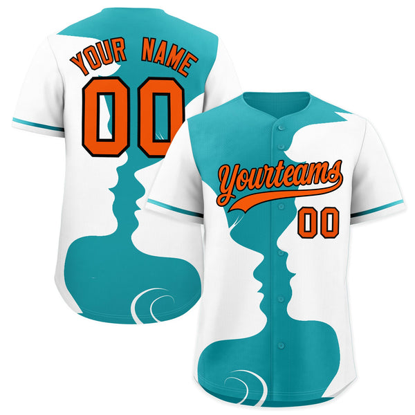Custom Teal White Silhouettes of Loving Couple Valentine's Day Baseball Jersey | BuyFootballJersey