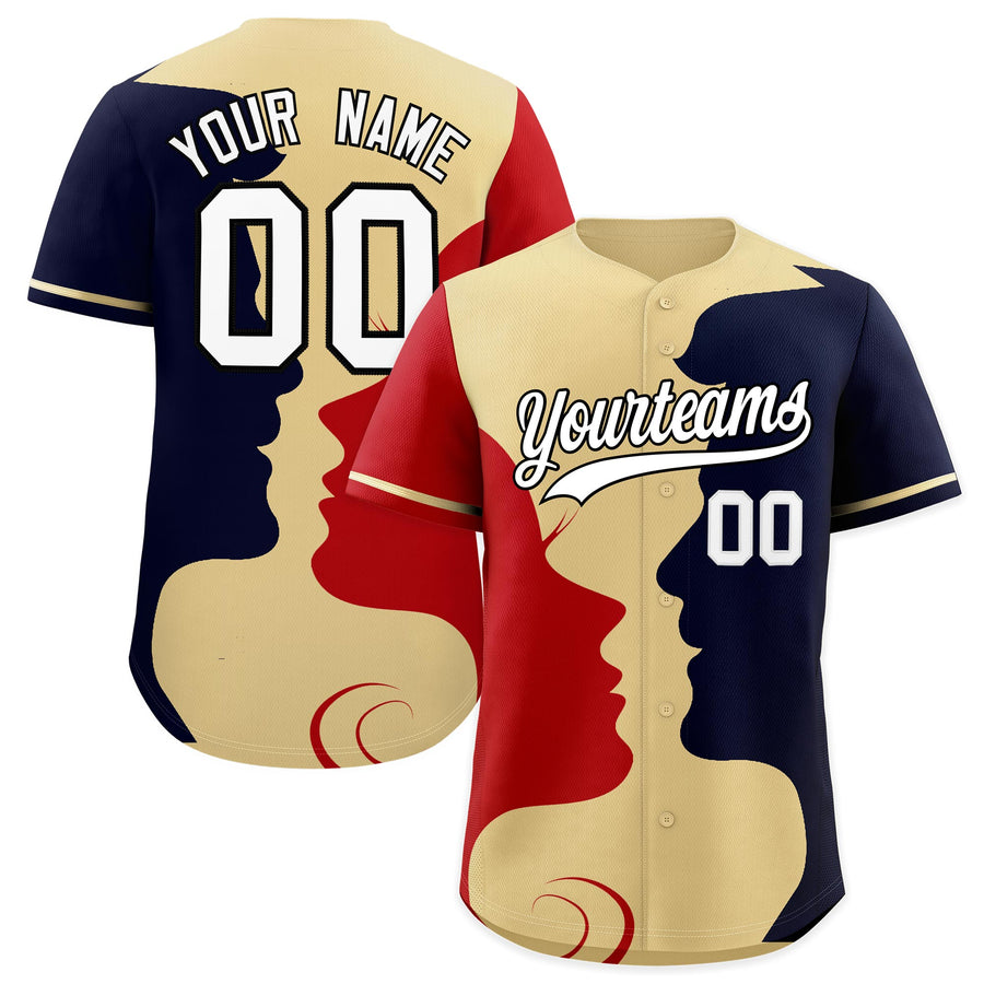 Custom Khaki Red Navy Silhouettes of Loving Couple Valentine's Day Baseball Jersey | BuyFootballJersey