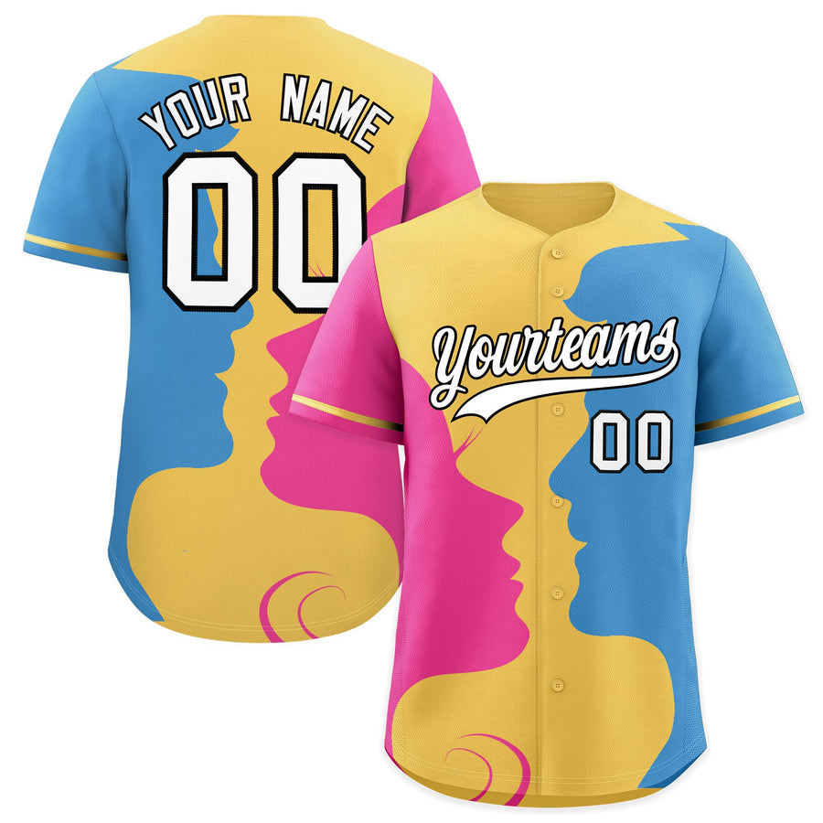 Custom Khaki Light Blue Pink Silhouettes of Loving Couple Valentine's Day Baseball Jersey | BuyFootballJersey