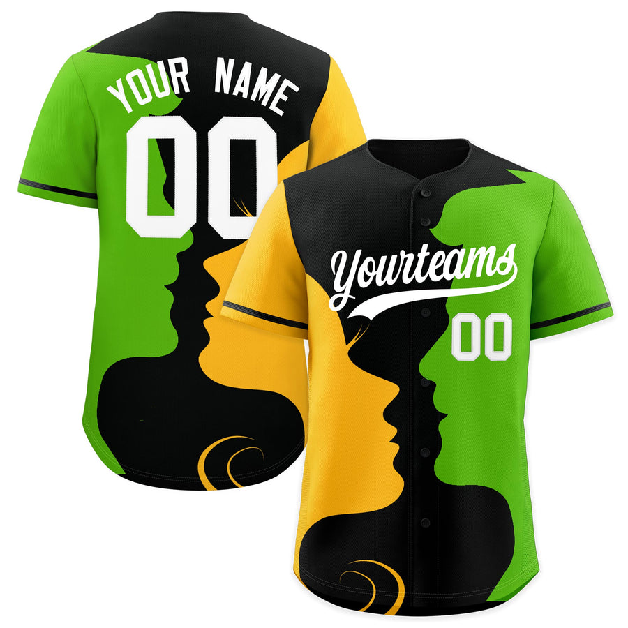 Custom Black Gold Neon Green Silhouettes of Loving Couple Valentine's Day Baseball Jersey | BuyFootballJersey
